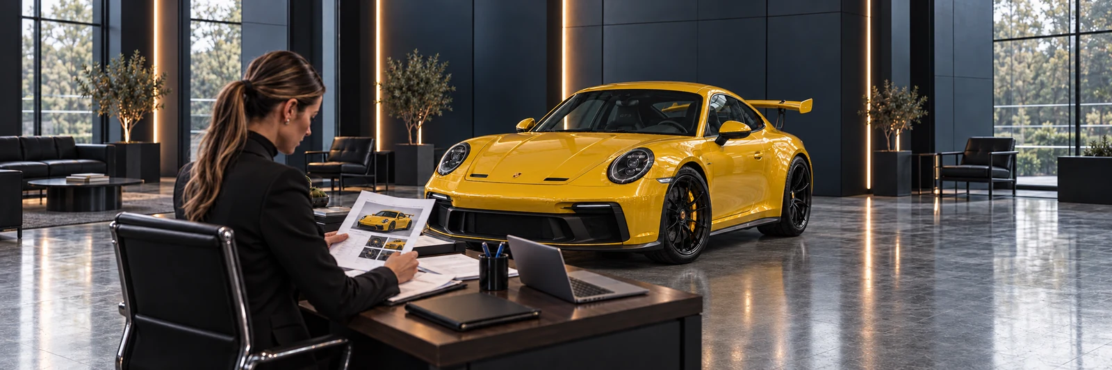Менеджер проверяет отчёт с фотографией того же жёлтого Porsche 911 GT3, стоящего рядом.
