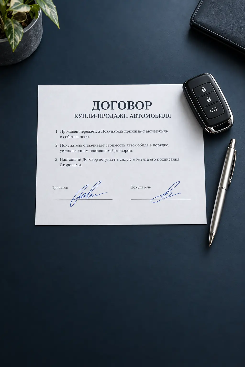 Подписанный договор купли-продажи автомобиля, ключ и ручка