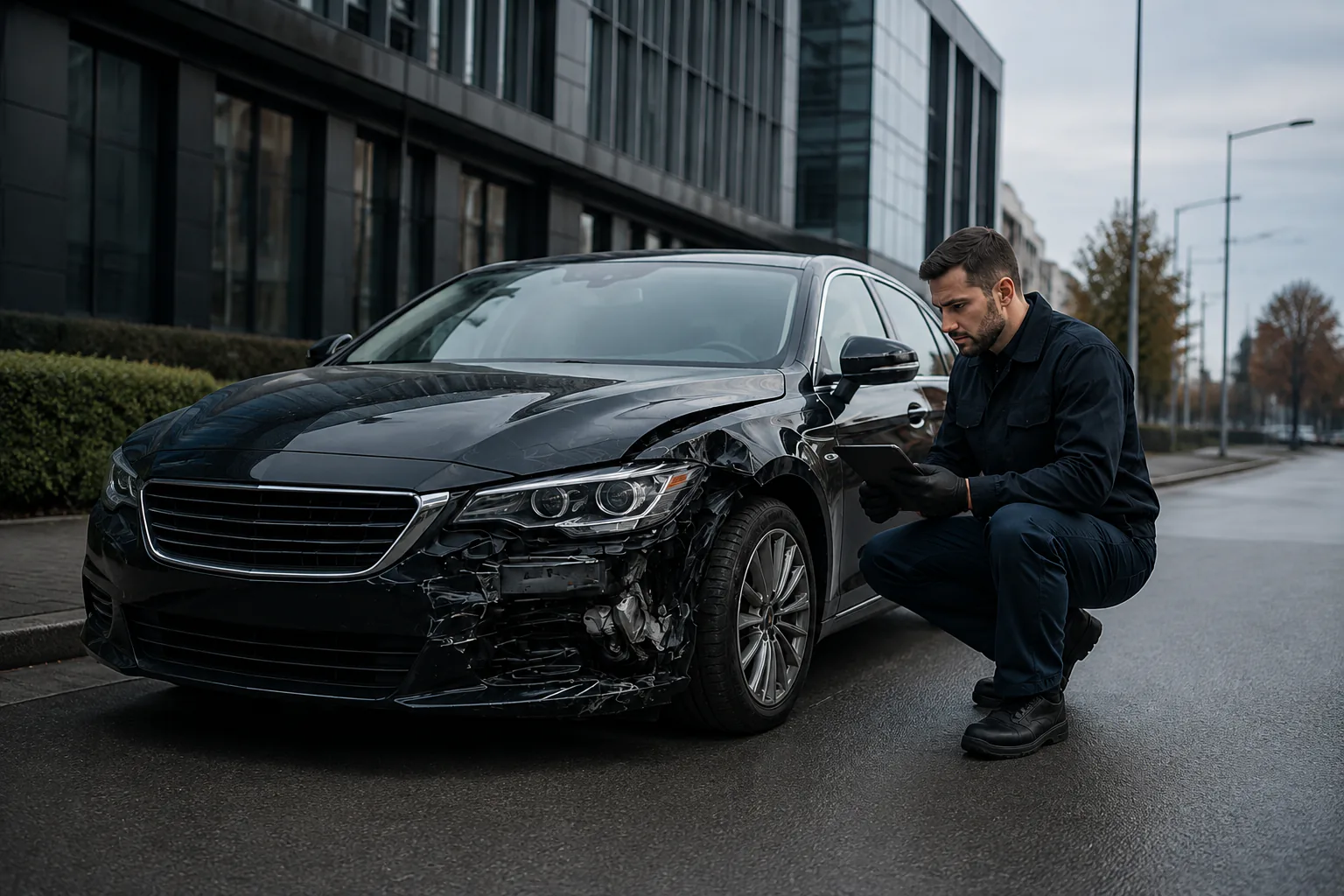 Автоэксперт осматривает повреждённый автомобиль после ДТП