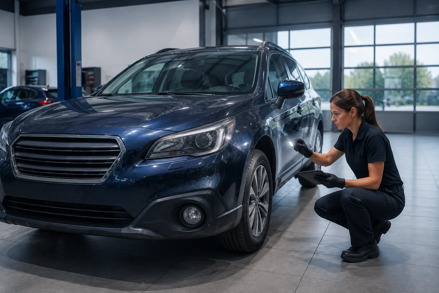 Специалист осматривает автомобиль без предпродажной подготовки