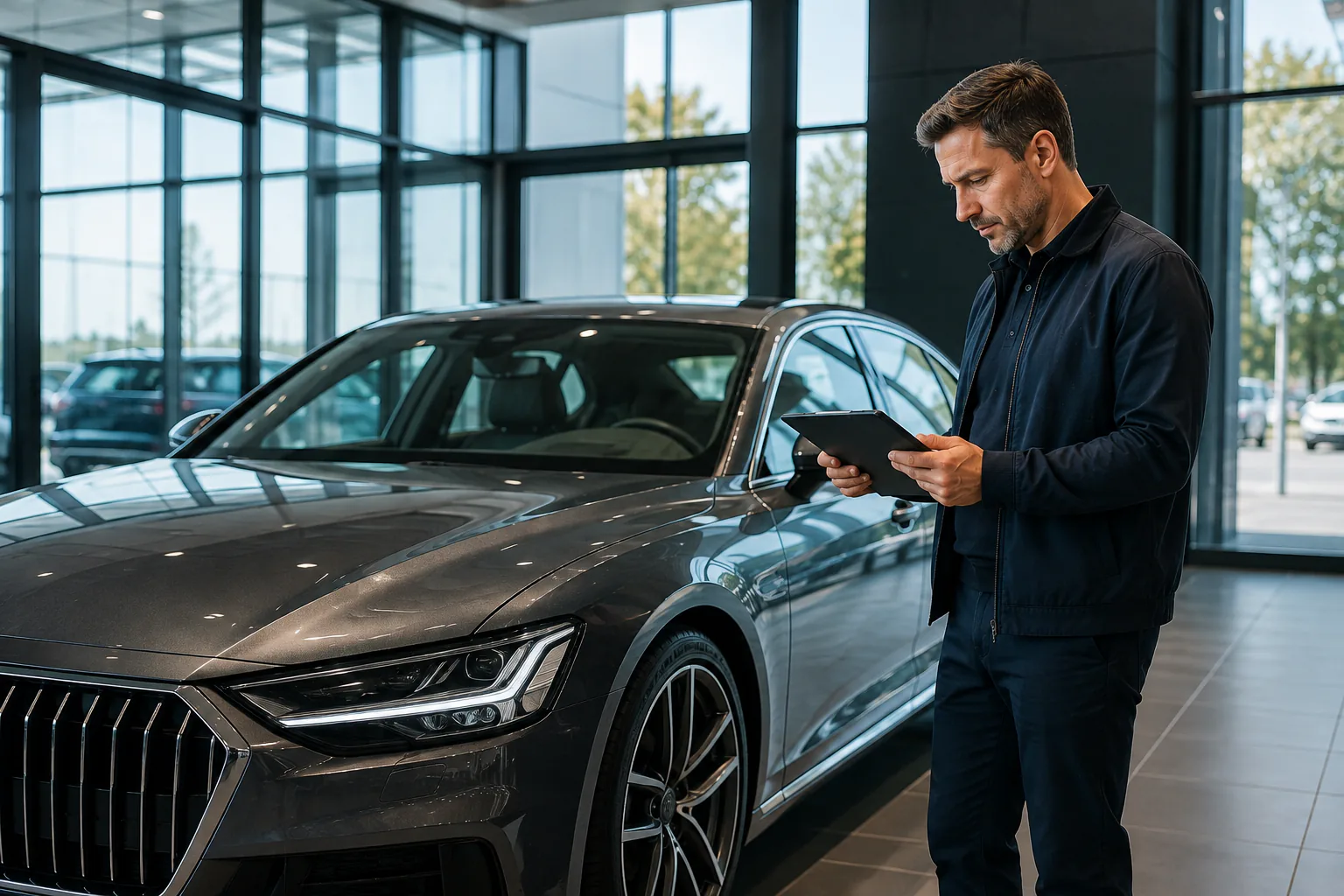 Специалист проводит быструю оценку автомобиля с планшетом в шоуруме