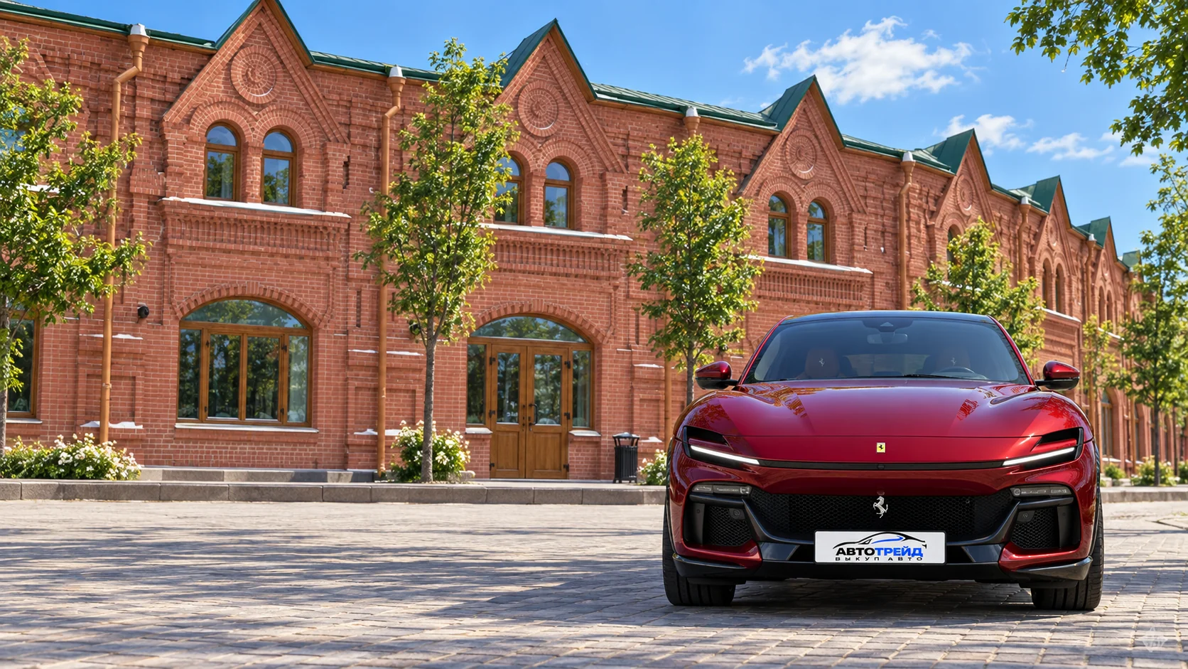 Ferrari Purosangue с логотипом Автотрейд на фоне достопримечательности: Исторические Торговые ряды, Клин