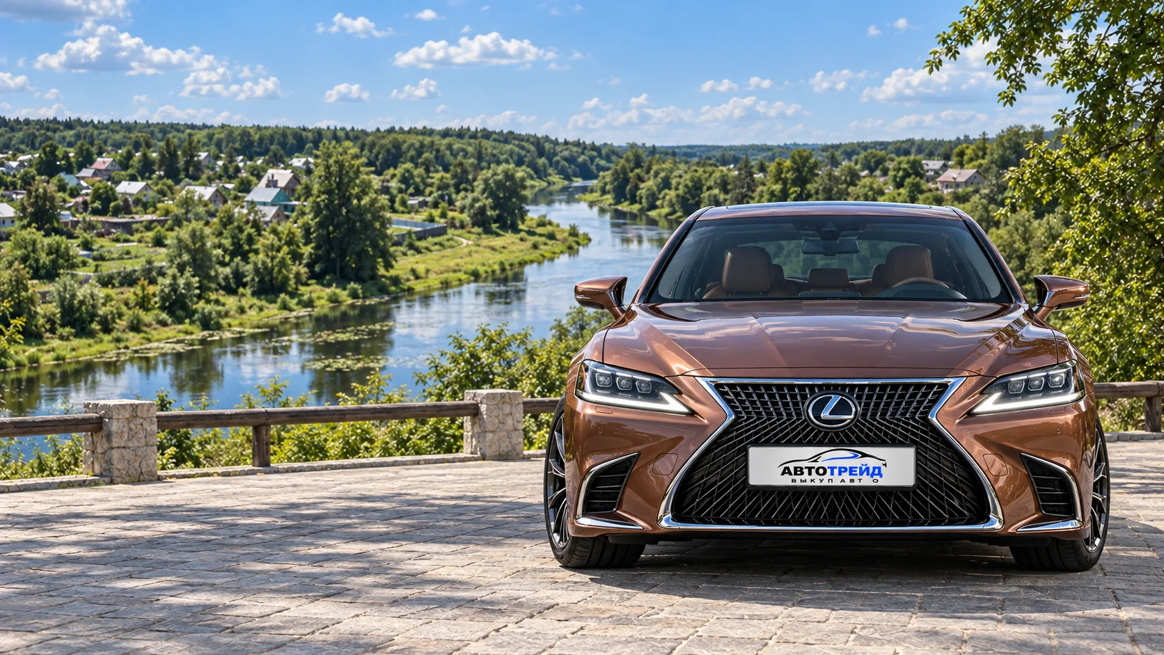 Lexus LS500 с логотипом Автотрейд: Парк «Городок», панорама долины реки Рузы, Руза