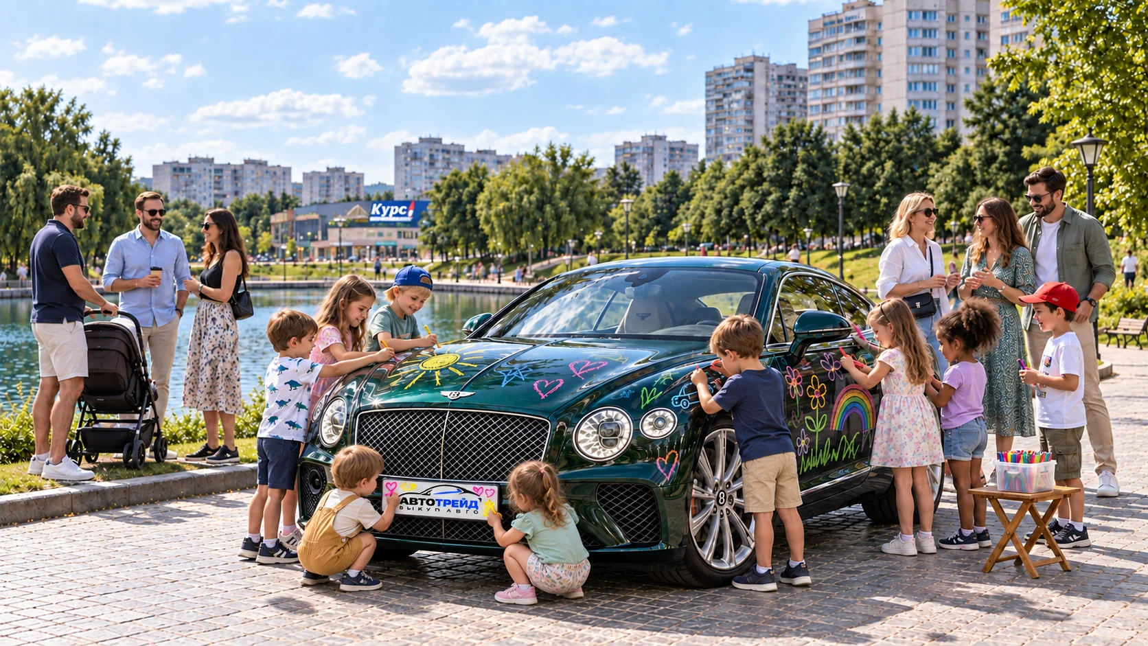Дети разрисовывают зелёный Bentley у Тимоховского пруда в Видном, рядом общаются родители