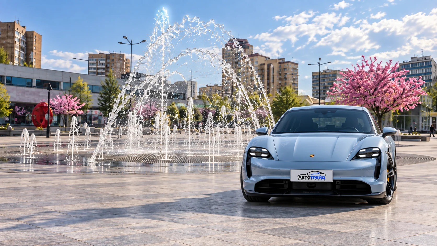 Porsche Taycan Turbo S с логотипом Автотрейд: Площадь Юности и сухой фонтан, Зеленоград