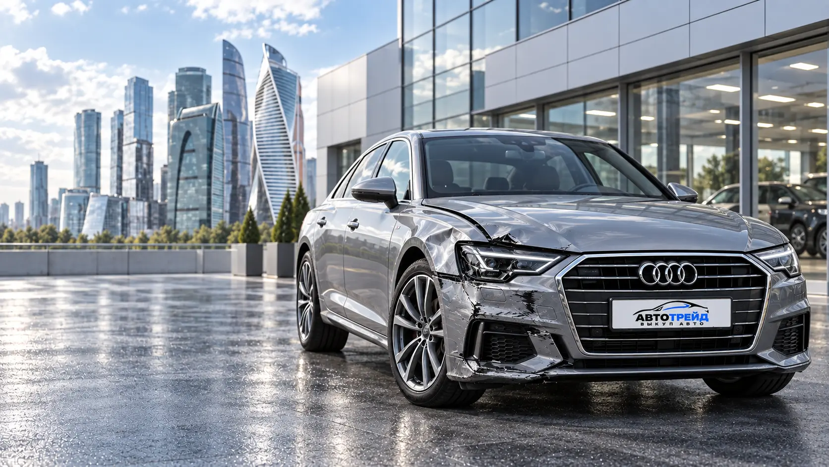 Серебристый Audi A6 с повреждённым передним крылом и бампером, на табличке логотип «Автотрейд»
