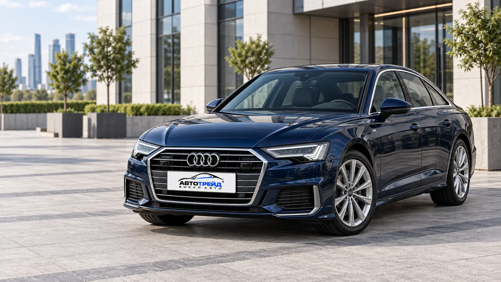 Тёмно-синий Audi A6 у современного офисного здания